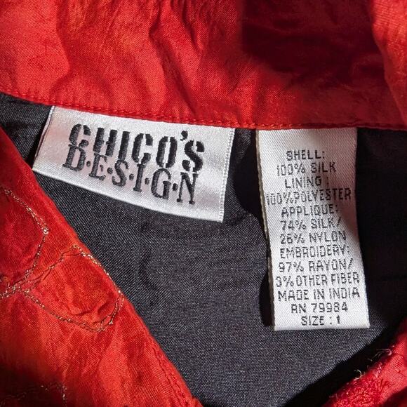 Vtg 1990s Chico's Red Orange 100% Silk Floral Embroidered Button Up Jacket 1 M - Picture 4 of 4